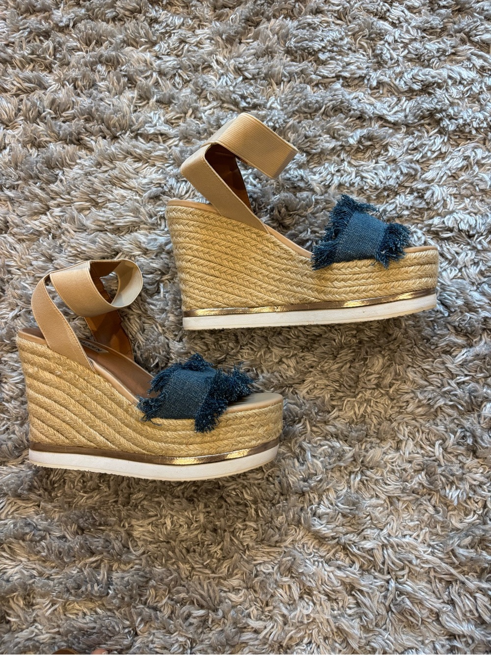 Steve Madden Denim Fringe Espadrille Wedges with Tan Ankle Wrap